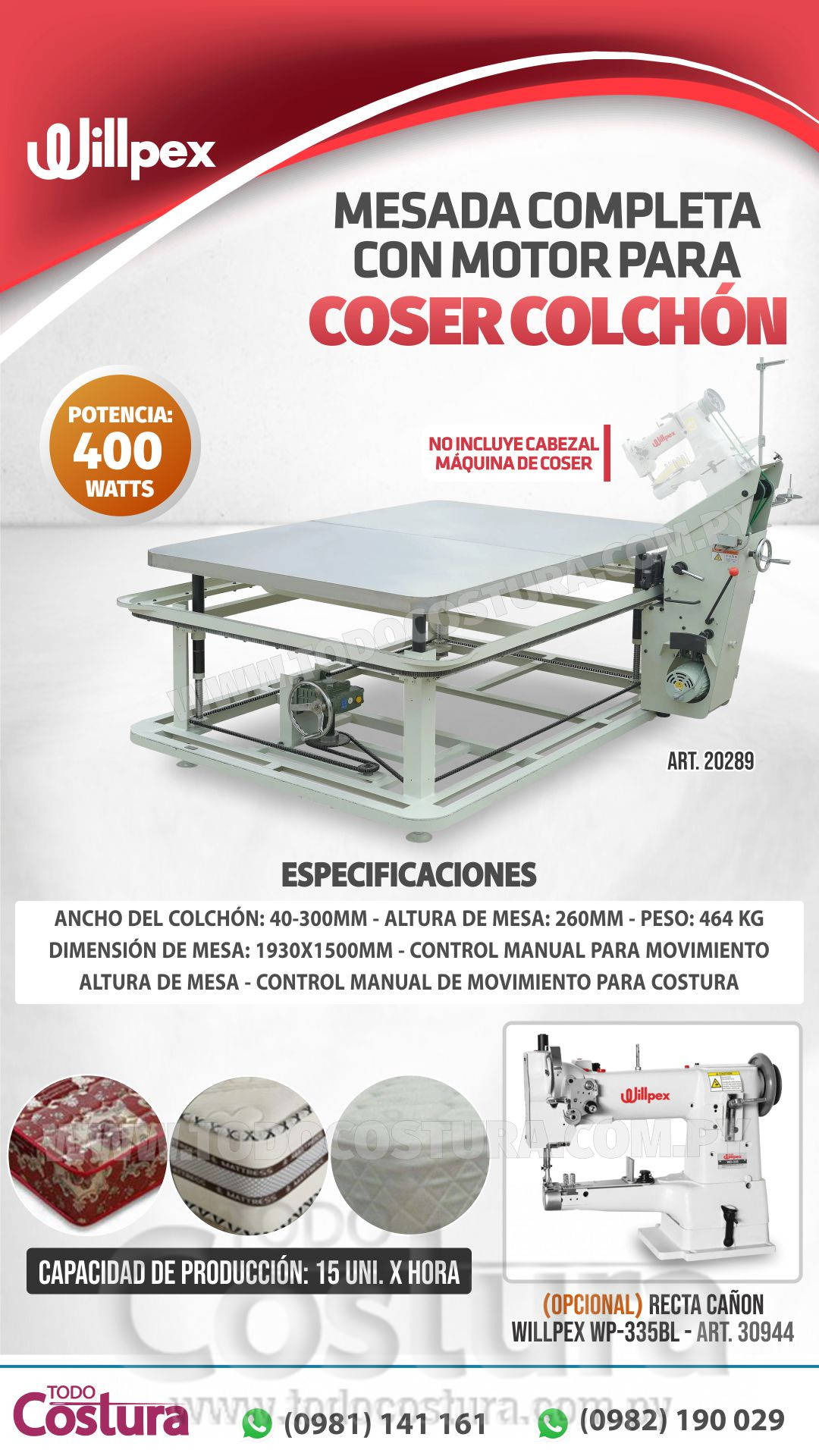 MESADA COMPLETA CON MOTOR PARA COSER COLCHON (1930 X 1500MM)